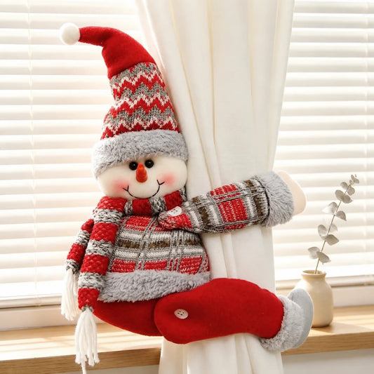 Christmas snowman curtain tieback hugging a curtain