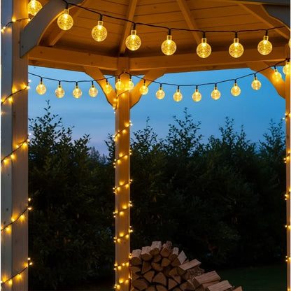 Solar string lights around a garden gazebo