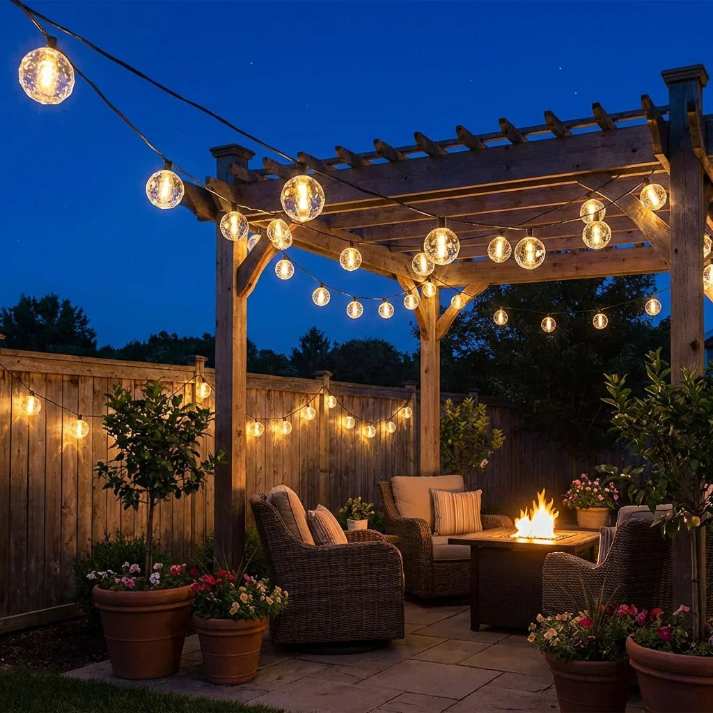 Solar string lights on a patio pergola