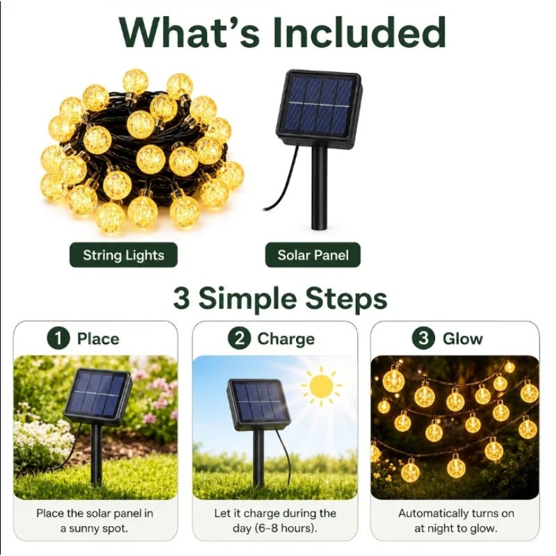 What is included: string lights and solar panel, place, charge and glow
