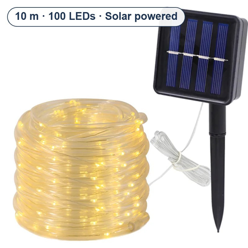 Solar Tube Rope Light 10m – 100 warm white LEDs with solar panel and stake