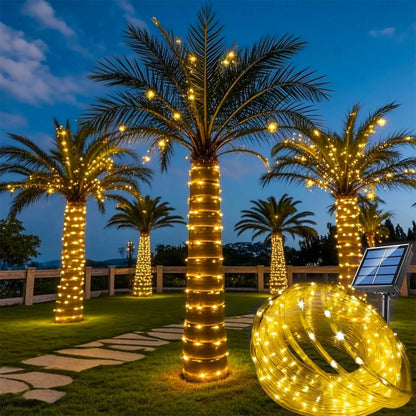 Solar tube lights wrapped around palm trees